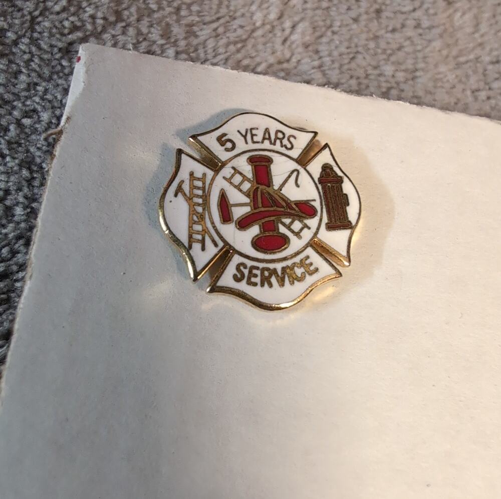 Lapel Pin or Tie Tack Fire Service 5 Years Service Gold Tone with Enamel
